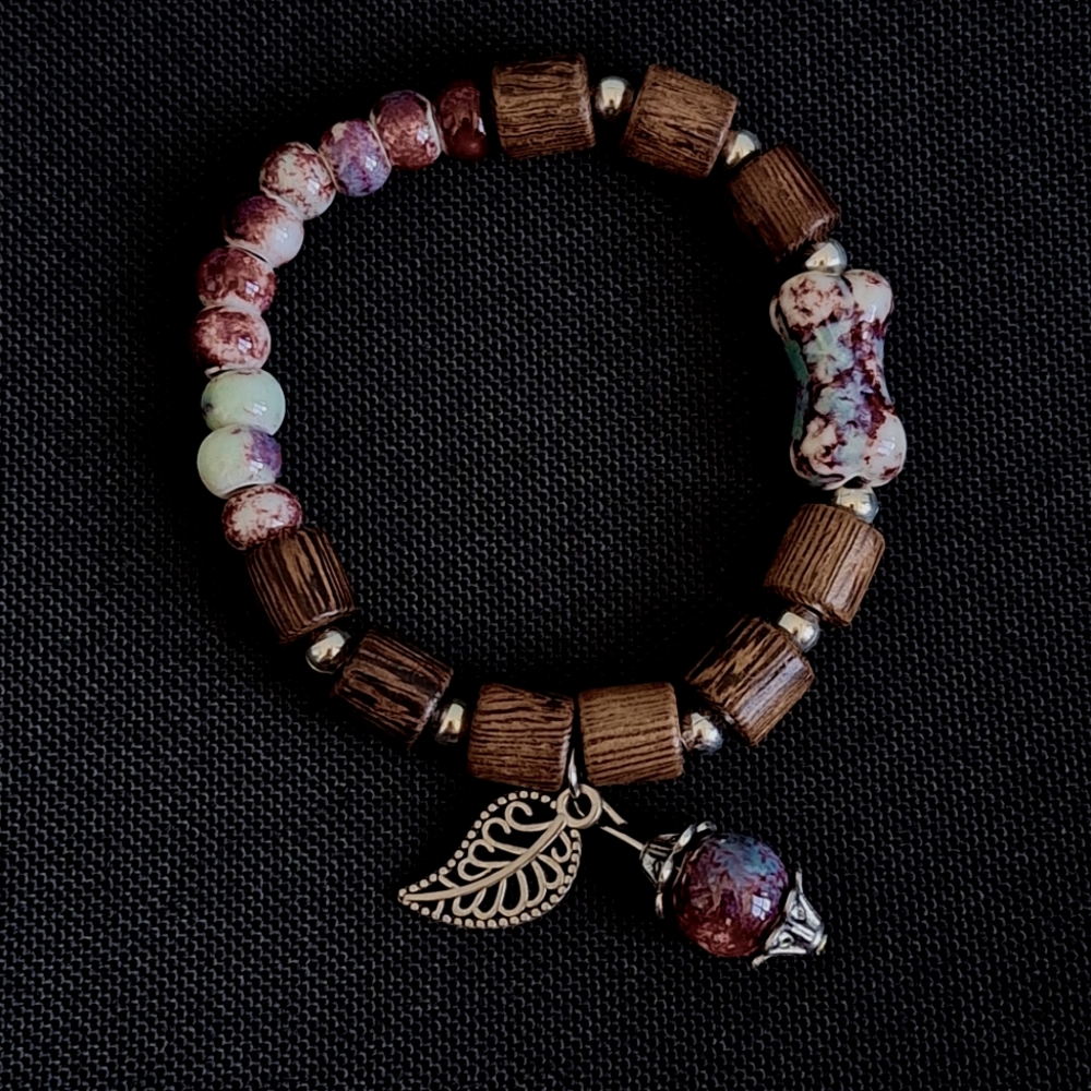 💎 3/$25 Rustic Brown and Red Ceramic And Wood Beaded Bracelet with Charm